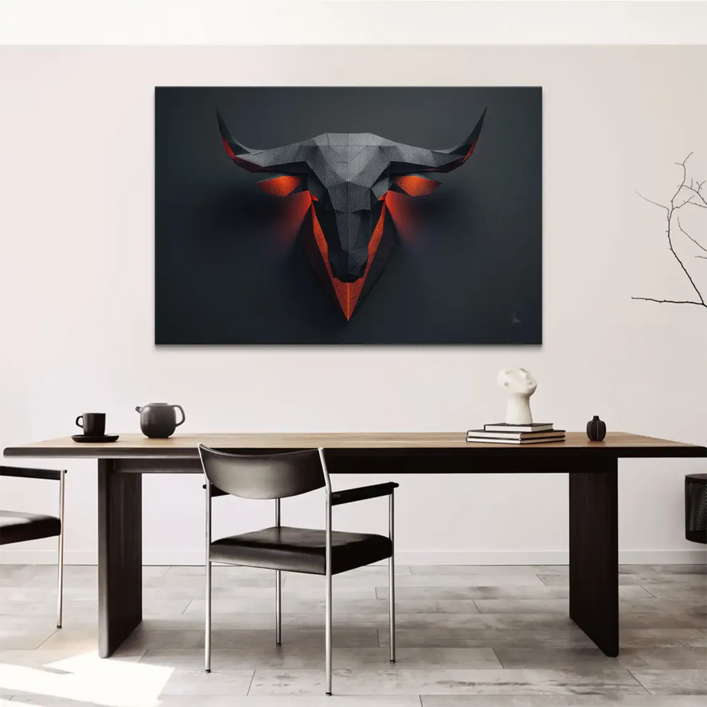 Noble Bull Head artwork in charcoal tones with intricate patterns and vivid orange light accent