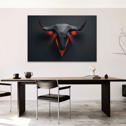 Noble Bull Head artwork in charcoal tones with intricate patterns and vivid orange light accent