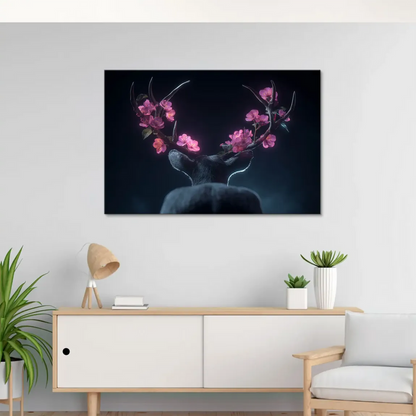 Dreamlike wall decor showing a deer with cherry blossom antlers in a moody fantasy setting