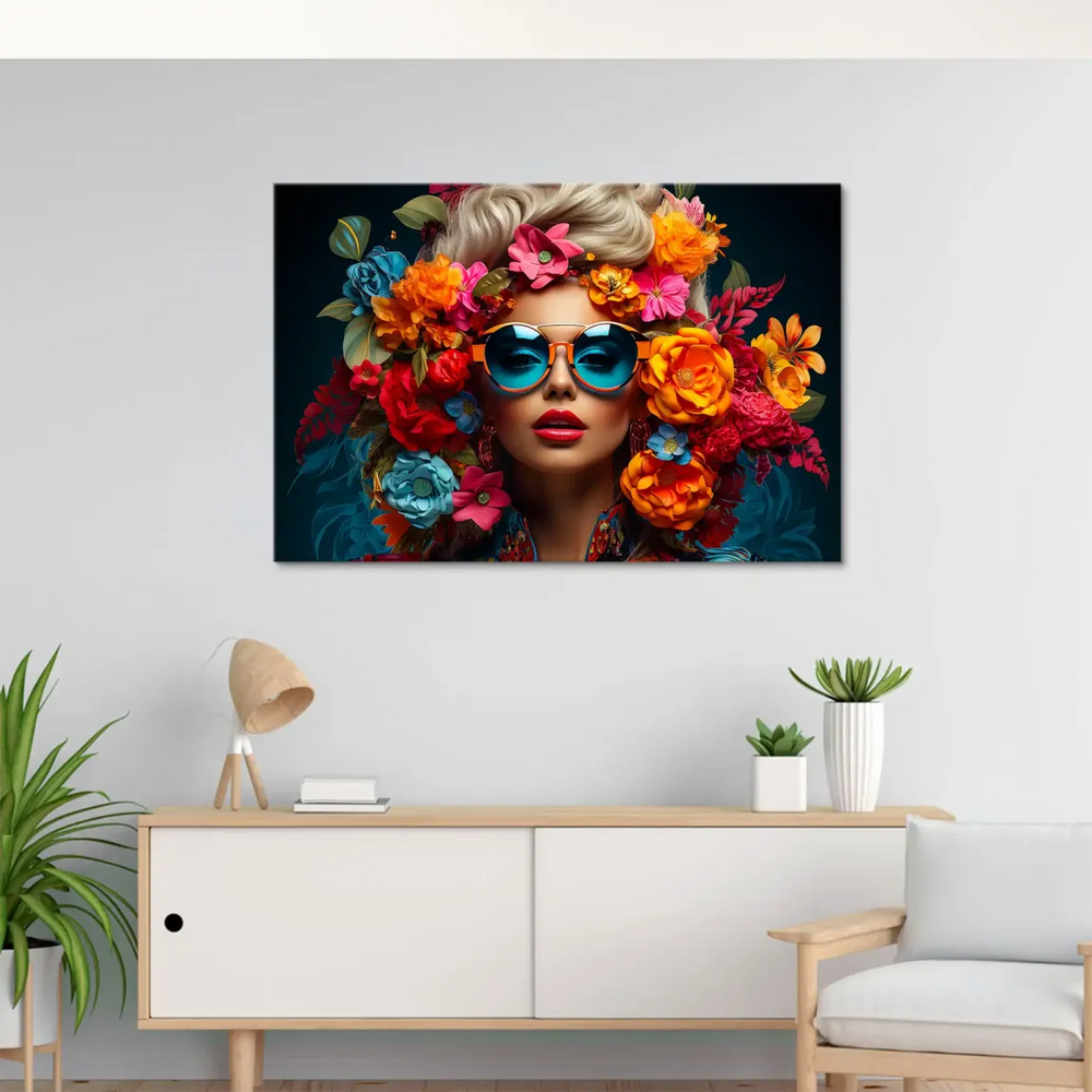 Figure wearing bold orange-framed sunglasses with electric blue lenses amid colorful florals