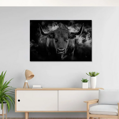 High-contrast bull canvas print emphasizing powerful physique and intense gaze