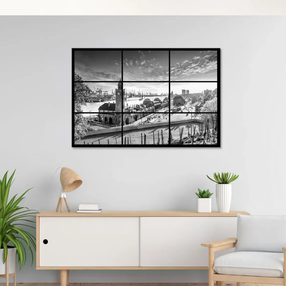 Elbe River waterfront with port cranes in monochrome