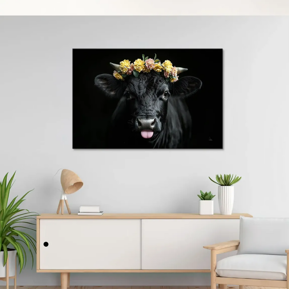 Flowery cow portrait canvas art with pink tongue