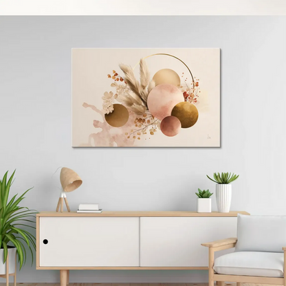 Warm neutral wall decor showing geometric and organic shapes in blush and gold.