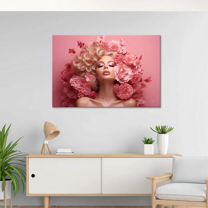 Elegant pink-toned canvas art with a feminine portrait and lush blossoms.