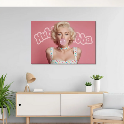 Center-focused art with bright pink background and multicolor polka-dot dress