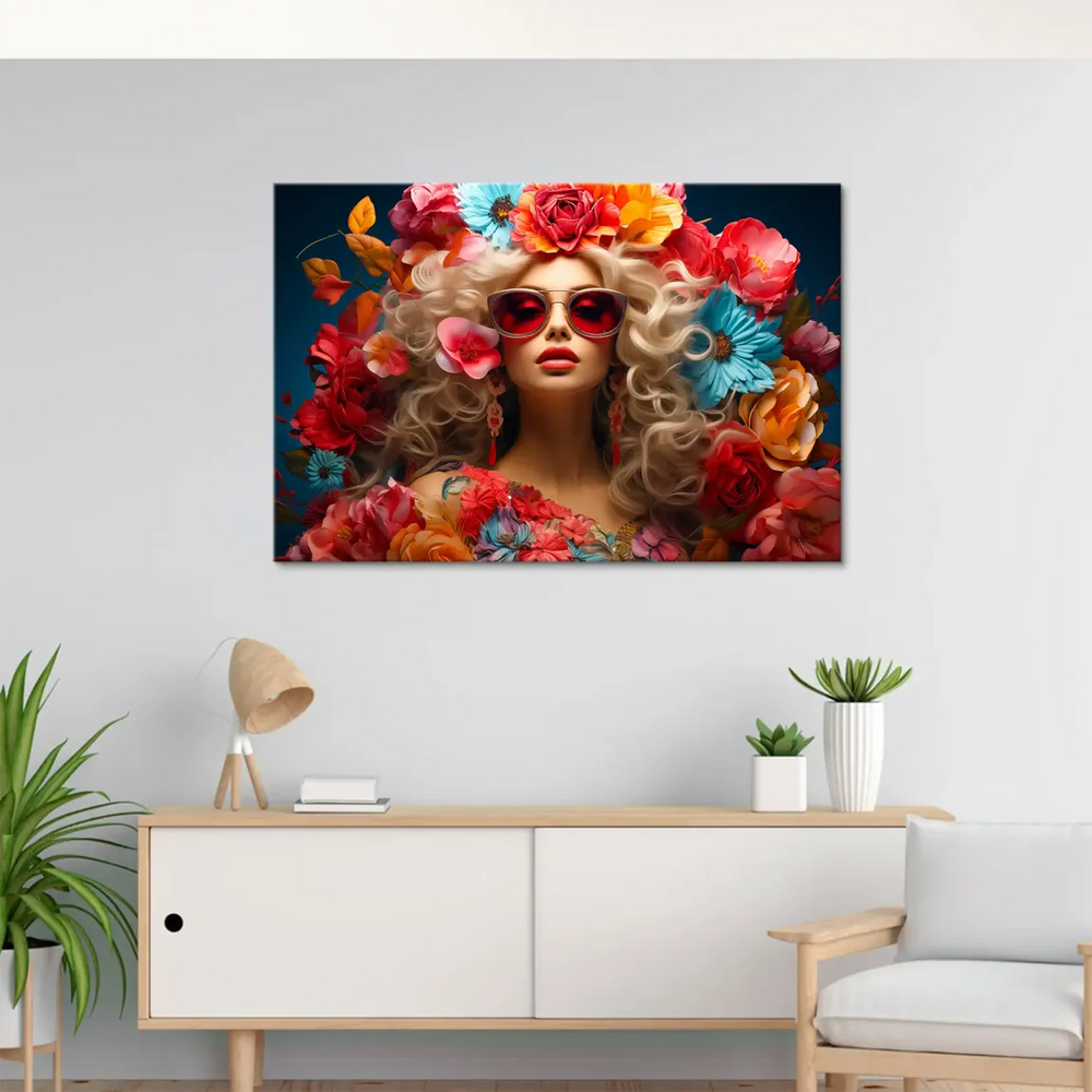 Vibrant bouquet of red, pink, orange, yellow, and turquoise flowers surrounds a chic fashion portrait.