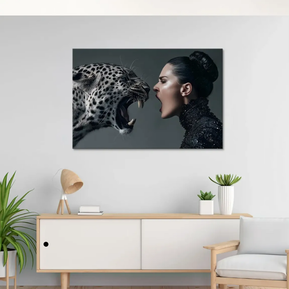 Symmetrical confrontation between leopard and woman against a minimalist grey background with bold red lips.