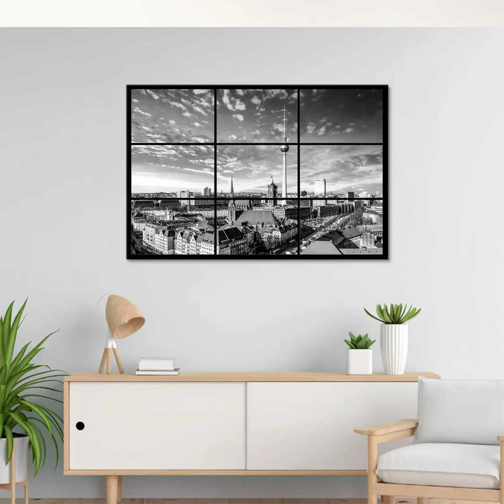 Second panel shows historic church spires rising above the cityscape in black and white