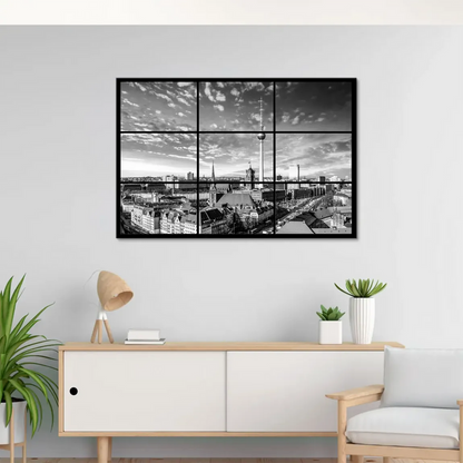 Second panel shows historic church spires rising above the cityscape in black and white