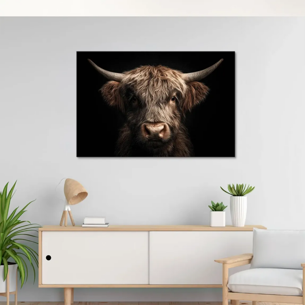 Close-up of Highland cow with shaggy brown and auburn fur