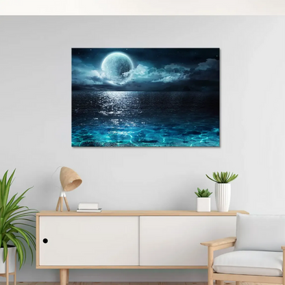 Turquoise foreground with light patterns dancing on the seabed in a moonlit seascape