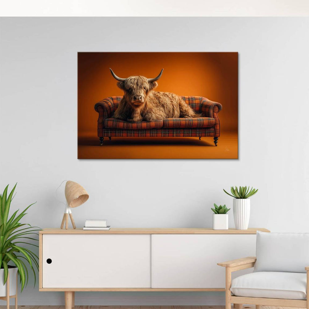 Whimsical Highland cow on plaid sofa in warm rustic wall decor.