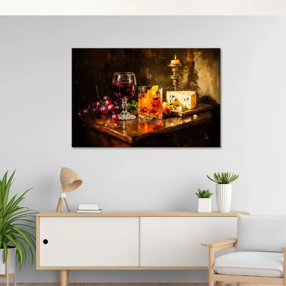 Impasto-style wall art with opulent dining scene