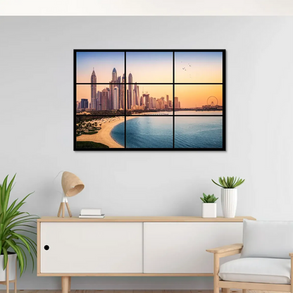 Dubai skyline behind a beach scene with sun loungers and palm trees