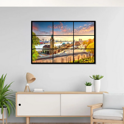 Modern multi-panel canvas showing the Hamburg harbor with gray city buildings at dusk.