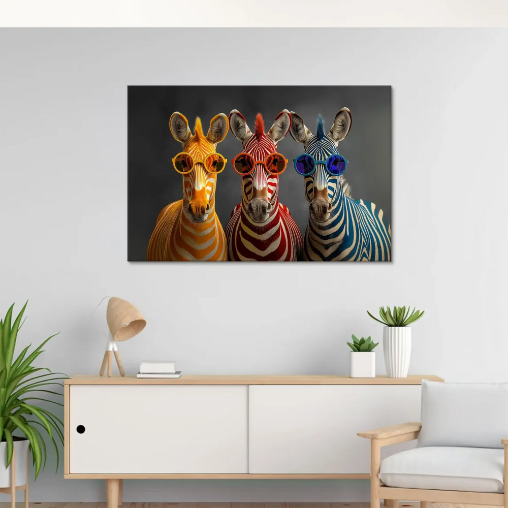 Red and blue zebras facing forward in a bold contemporary Pop Art style.