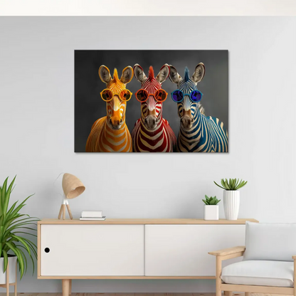 Red and blue zebras facing forward in a bold contemporary Pop Art style.