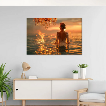 Surreal romantic fantasy scene featuring an elegant silhouette and opulent chandelier.