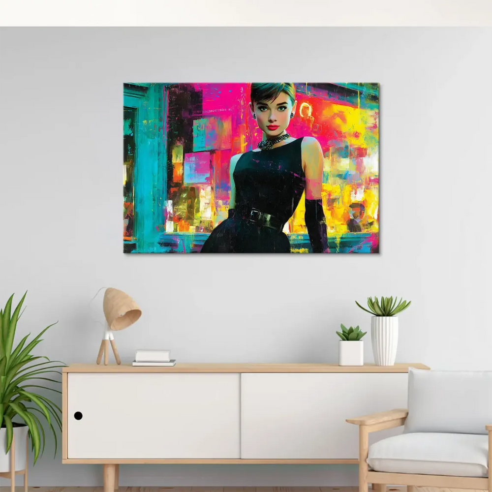 Close-up detail of the luminous color palette in the Audrey Hepburn Midnight Elegance artwork.