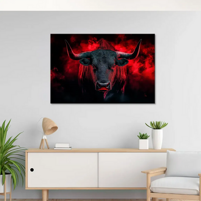 Symmetrical, front-facing bull artwork highlighting power and presence.