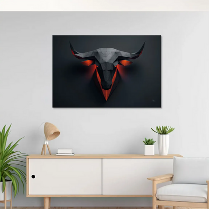 Symmetrical modern wall decor bull head in abstract industrial style for office or living room