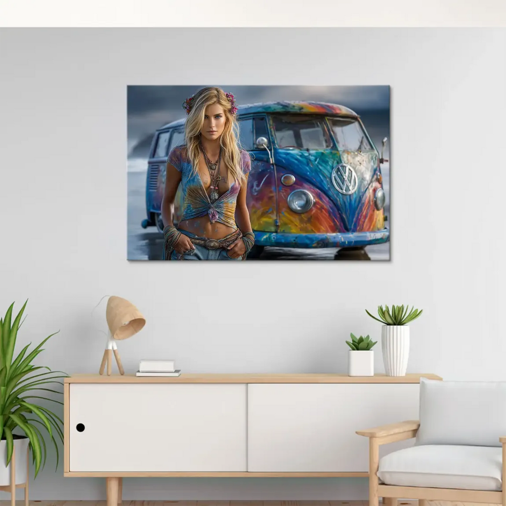Bohemian vintage scene with a confident woman and retro van against a muted beach background