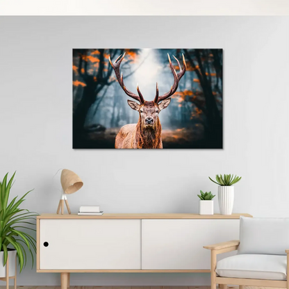 Ethereal light glows through the forest behind a centered deer.