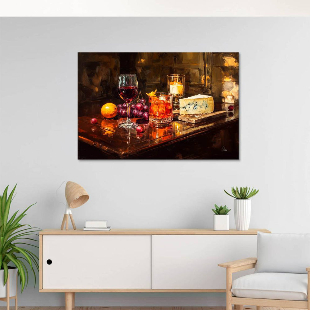 Candle glow and rich colors enhancing a dining-room-ready wall art piece.