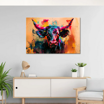 Bold bull portrait in pop-art graffiti style with neon fuchsia, blue, red, orange and yellow highlights