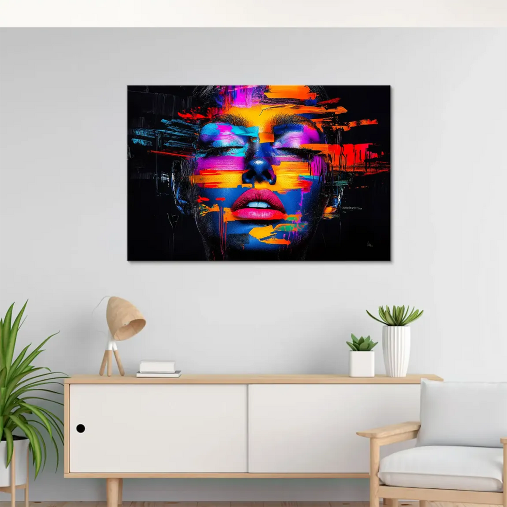 Faces of a woman with closed eyes and parted lips in neon blue, pink, and orange