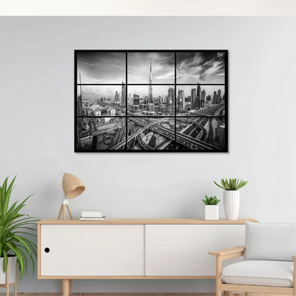 Wide-angle shot of Dubai's urban highways weaving through a dense skyline in noir style