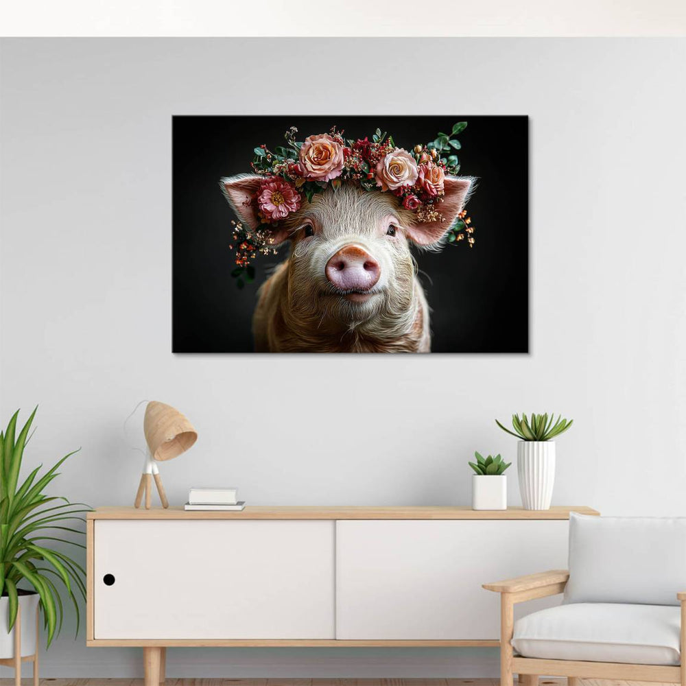 Center-focused pig wall art with peach, rose, and red blooms