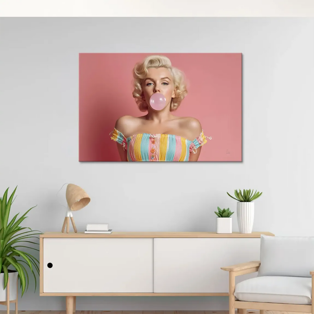 Colorful canvas wall art featuring a pastel-striped yellow, blue, and orange striped top in a Marilyn Monroe portrait.