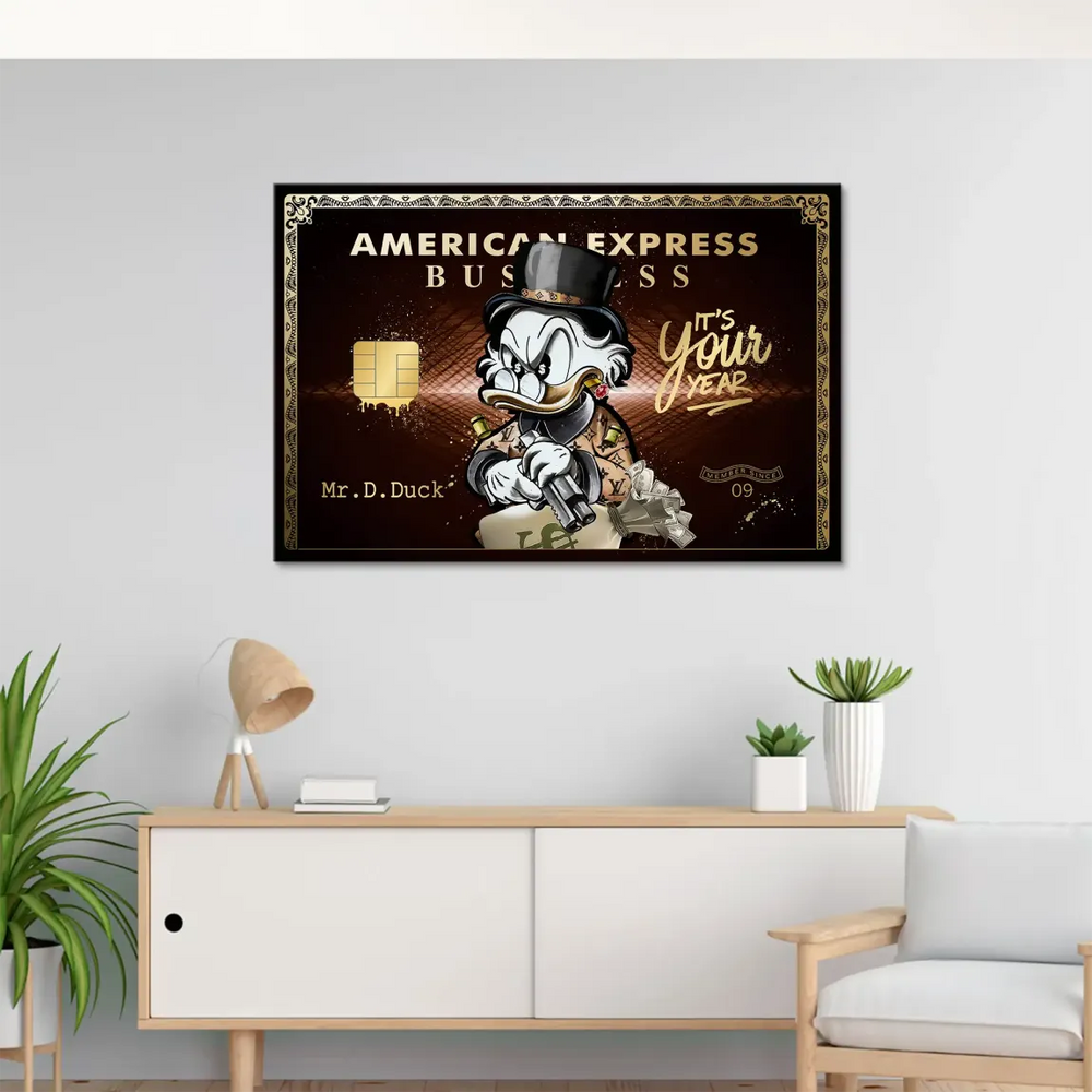 Wealthy duck in a suit holding a money bag on a gold-toned canvas