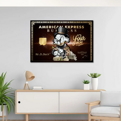 Wealthy duck in a suit holding a money bag on a gold-toned canvas