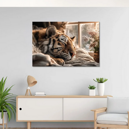 Close-up of sleeping tiger with amber fur and black stripes on canvas