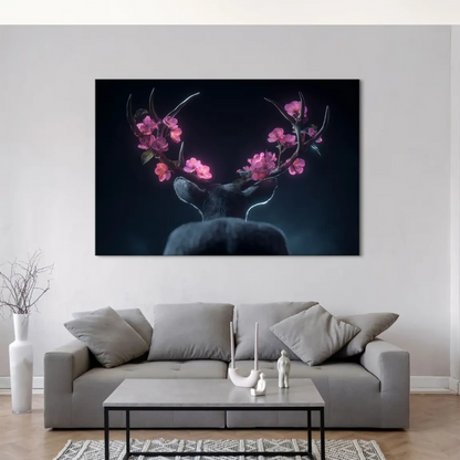 Modern bohemian style wall art for living room: blossom deer canvas artwork on indigo teal backdrop