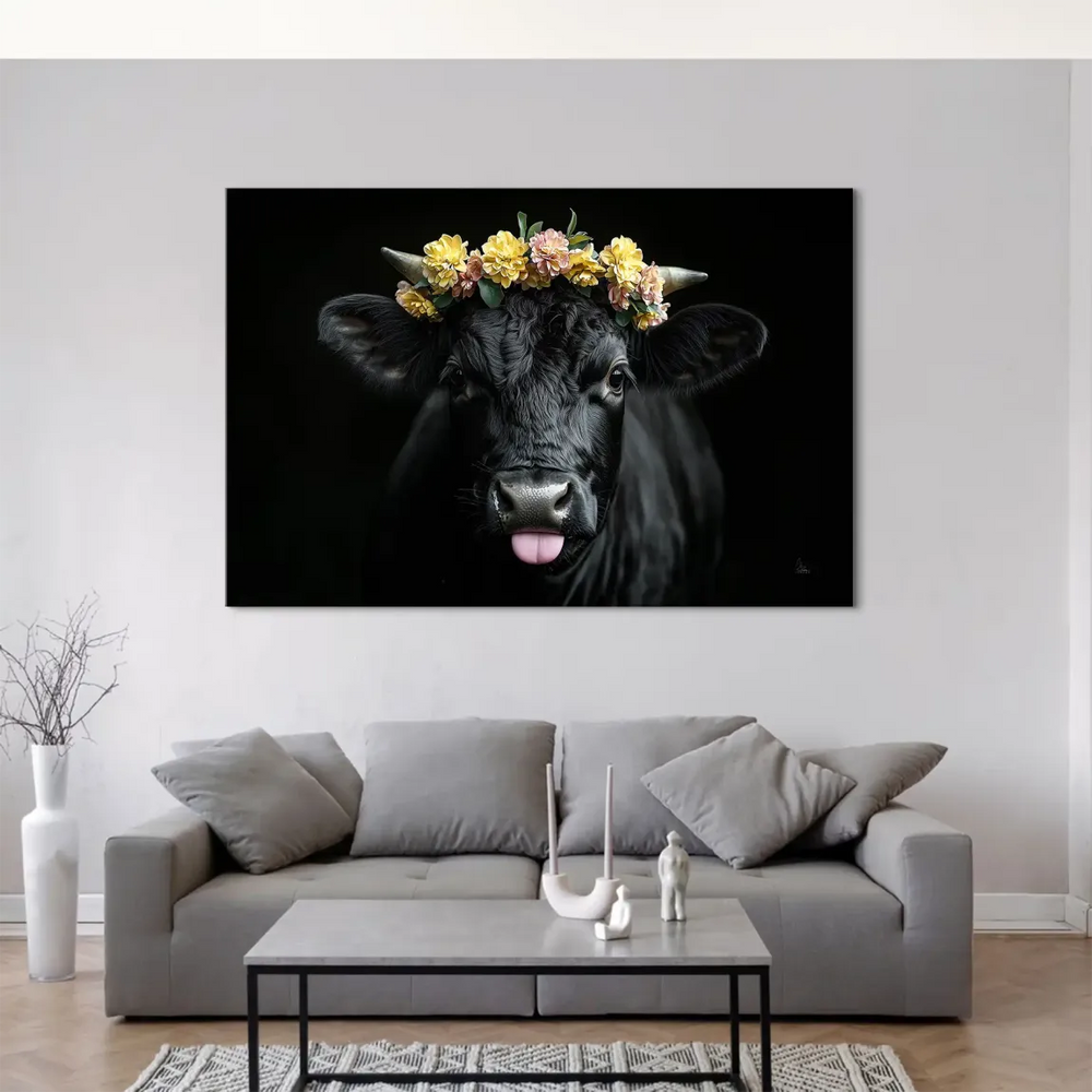Modern rustic cow wall art with a floral crown