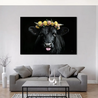 Modern rustic cow wall art with a floral crown