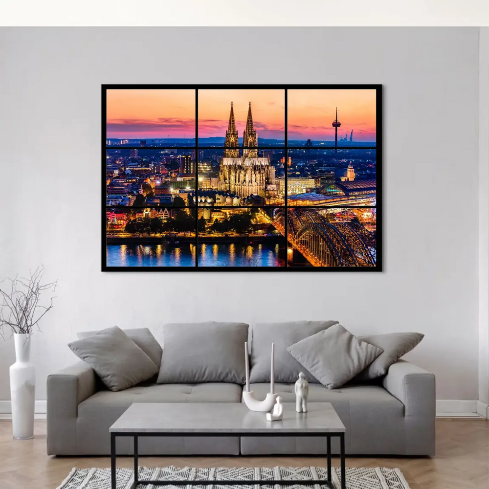 Modern multi-panel canvas print showing Cologne cityscape