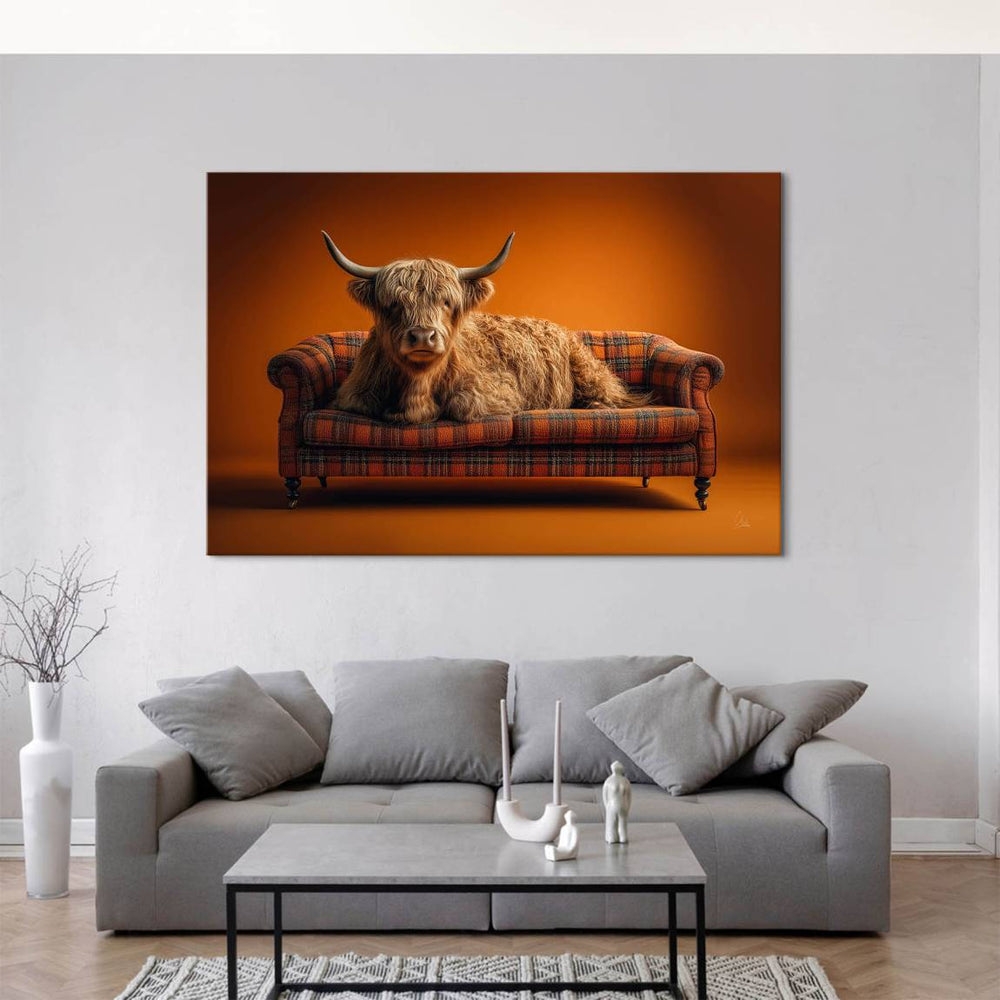 Cozy living room scene featuring Highland cow canvas art on plaid furniture.