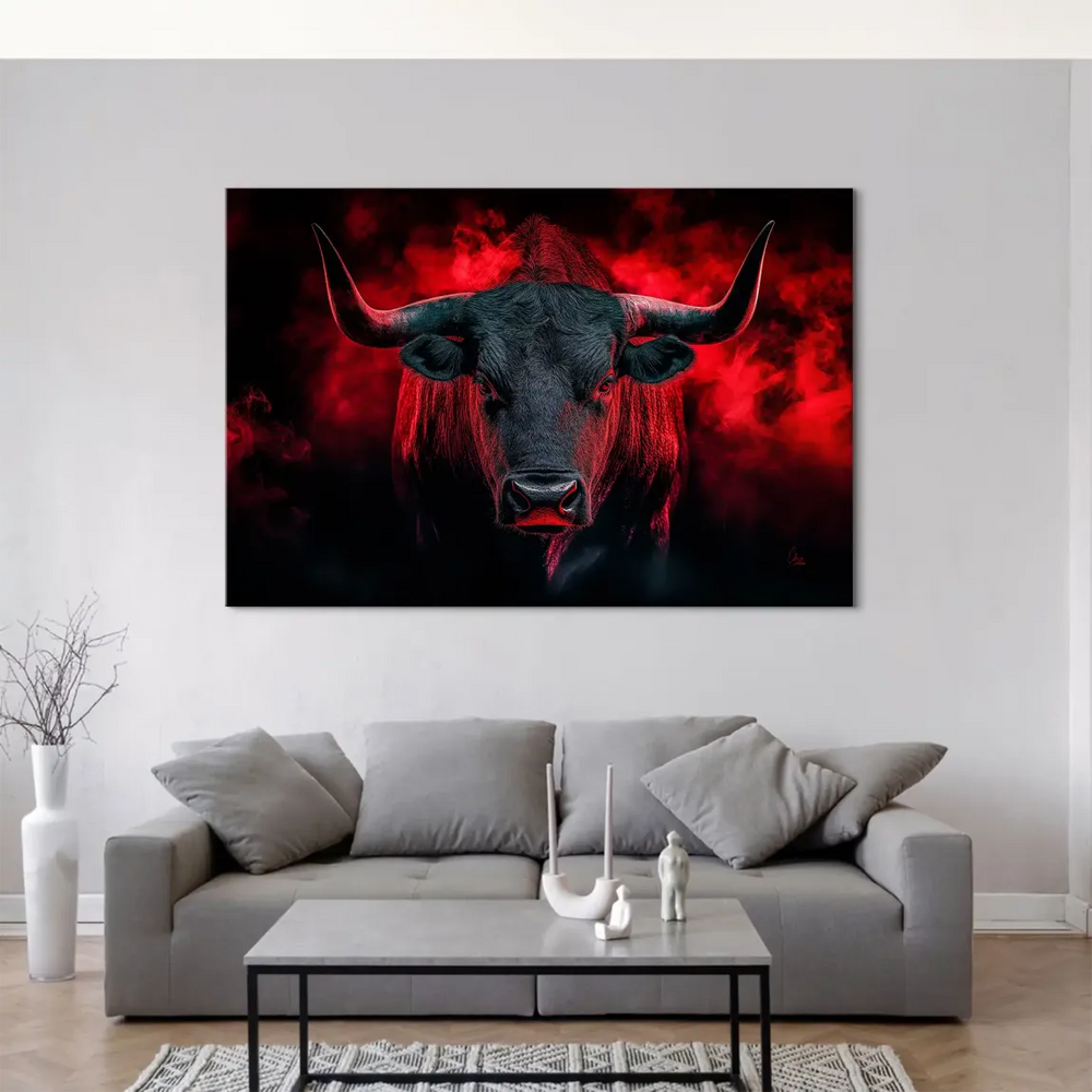 Perspective head-on portrait of a bull with an intense gaze.