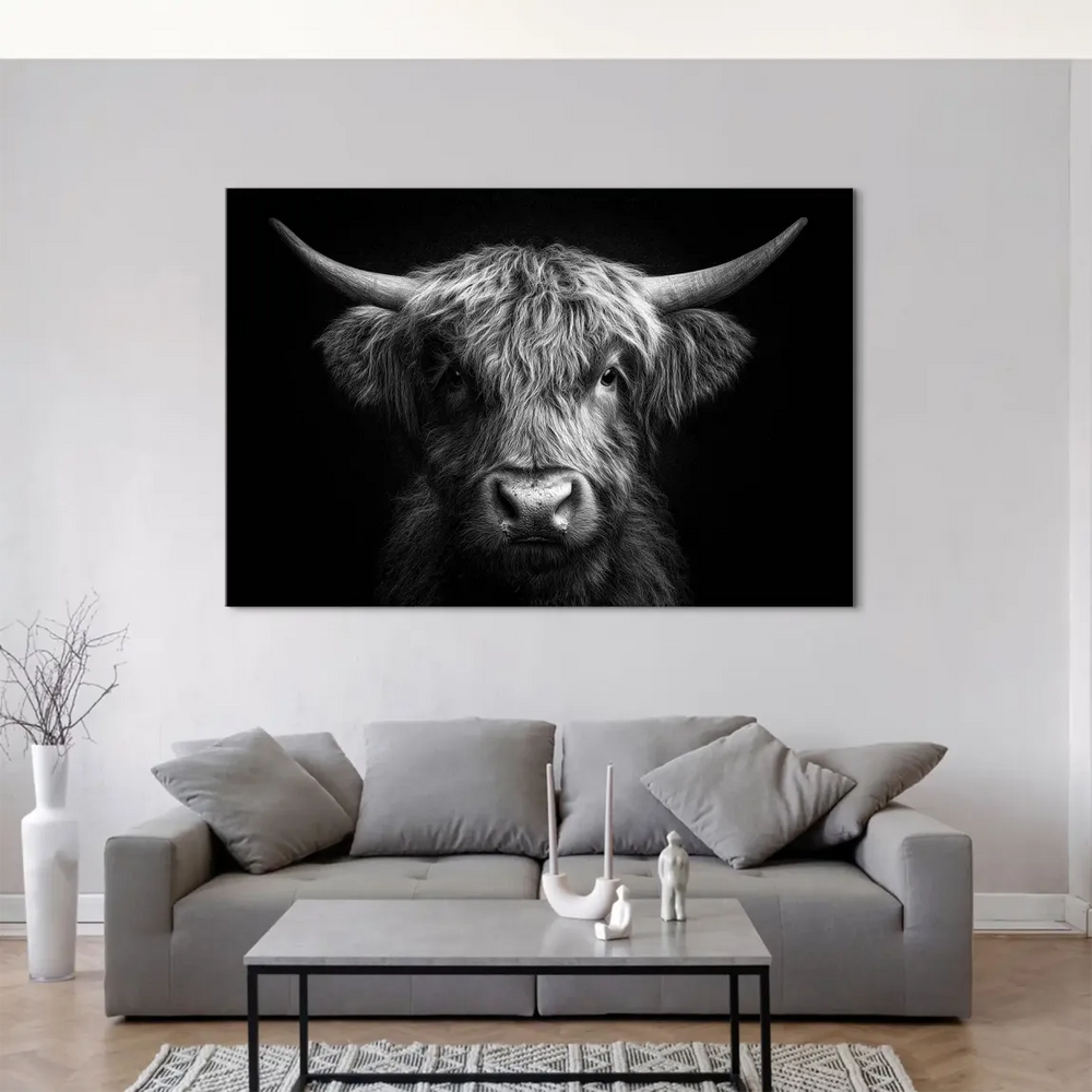Modern fine art-inspired animal wall art featuring a noble Highland cattle