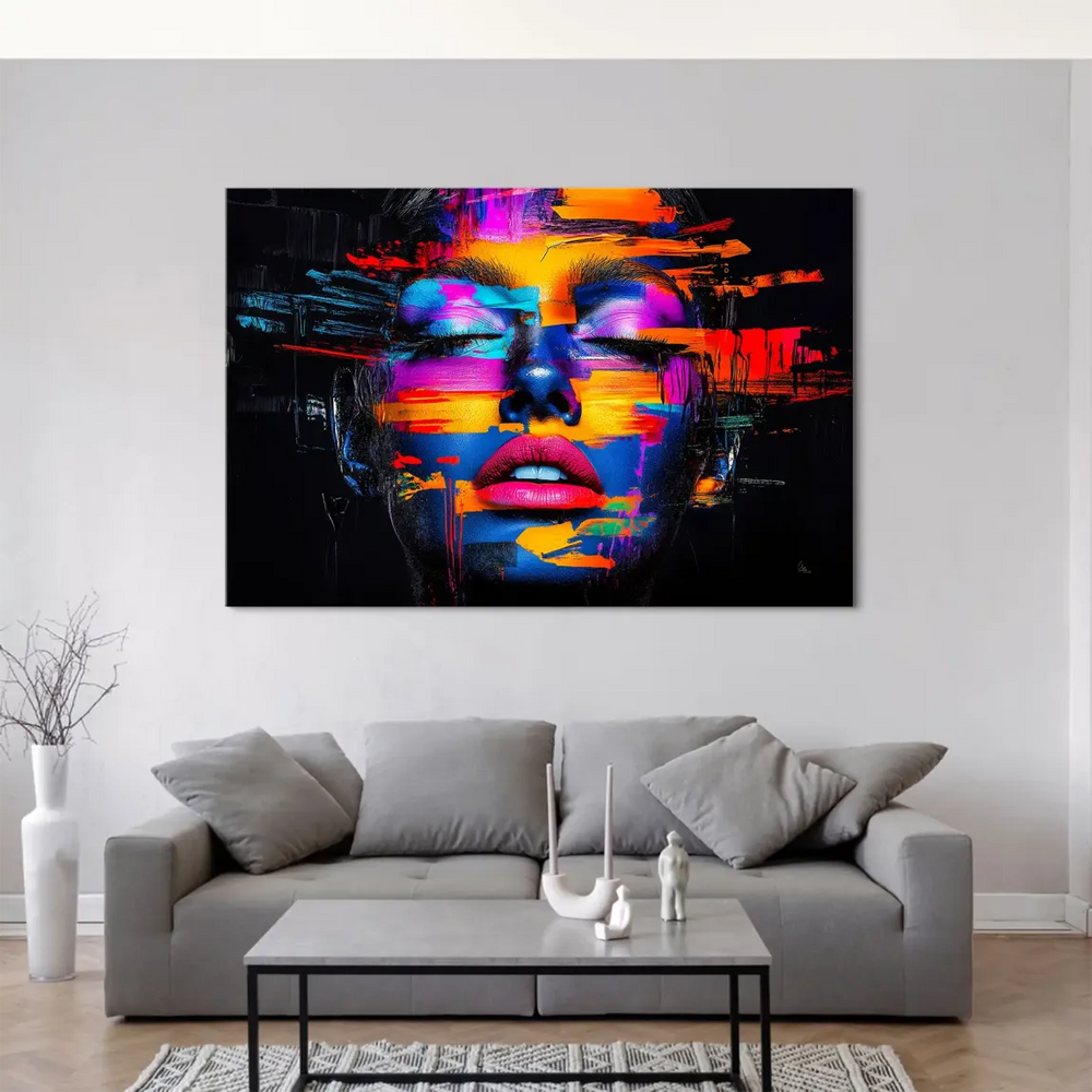 Contemporary wall art canvas featuring bold neon color palette