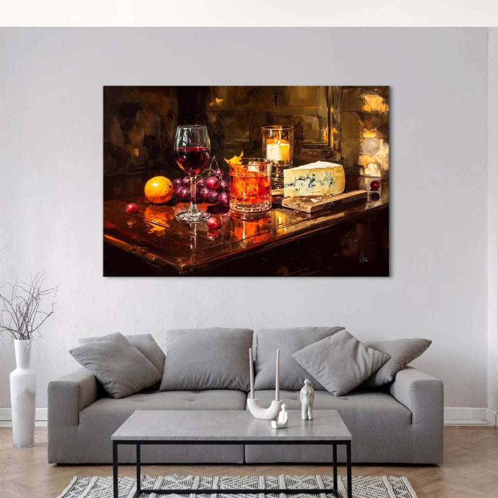Blue cheese wedge and assorted fruit arranged in a modern still-life canvas.
