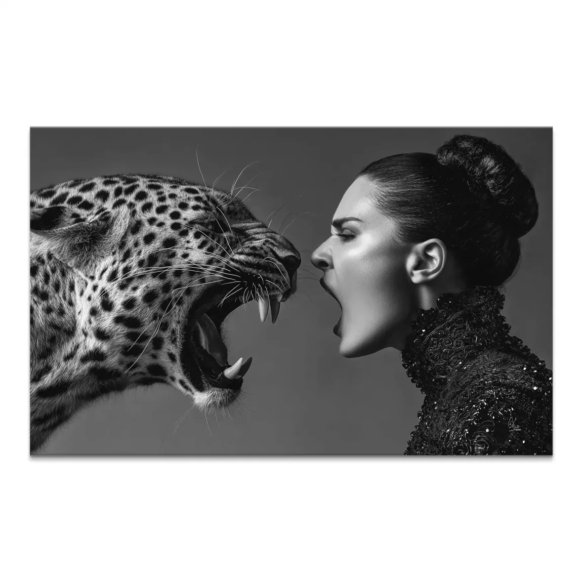 Roaring leopard facing a defiant woman in a monochrome canvas print.