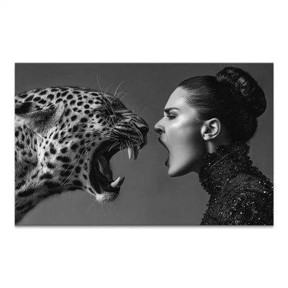 Roaring leopard facing a defiant woman in a monochrome canvas print.