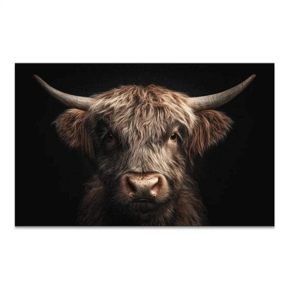 Noble Highland cow canvas portrait against a dramatic black background