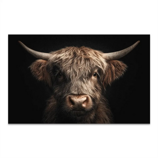 Noble Highland cow canvas portrait against a dramatic black background